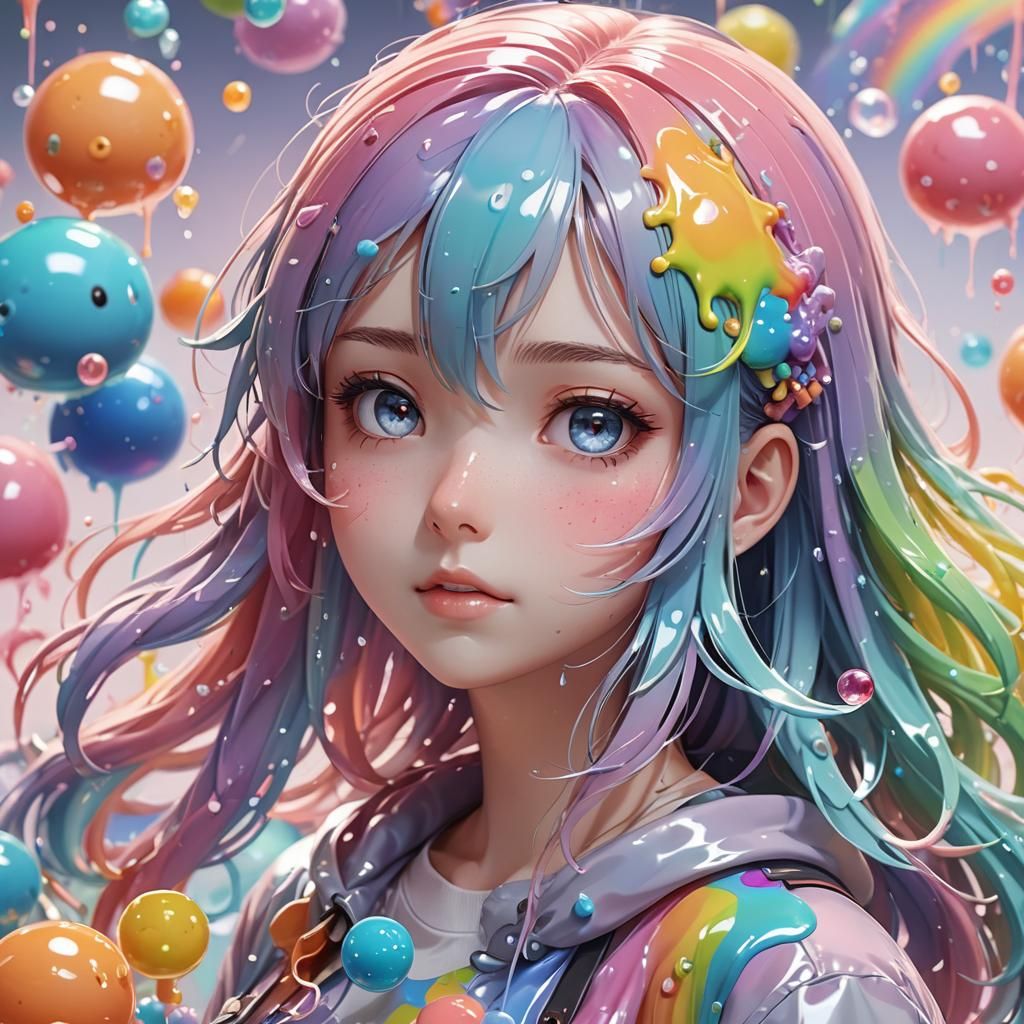 Cute Anime Girl Surrounded by Rainbow Slime