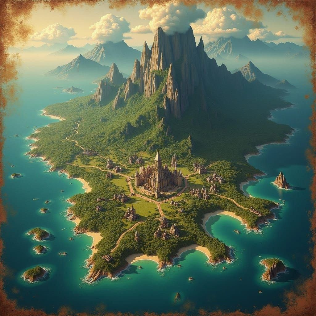 Antique Map of Island City with Mountains and Forest