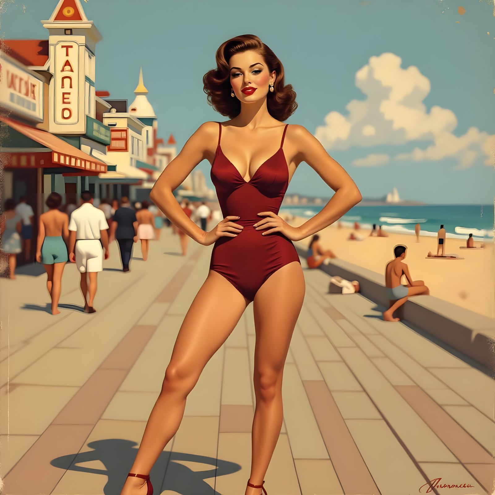 Pin-Up Woman Posing with Geometric Textures