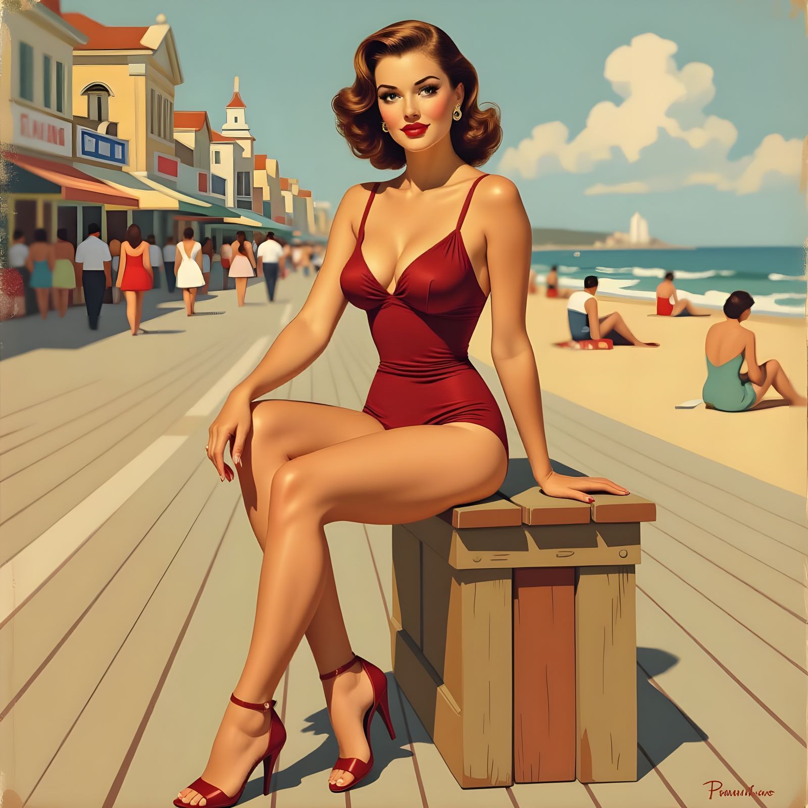 Pin-Up Woman on Boardwalk in Fragmented Style