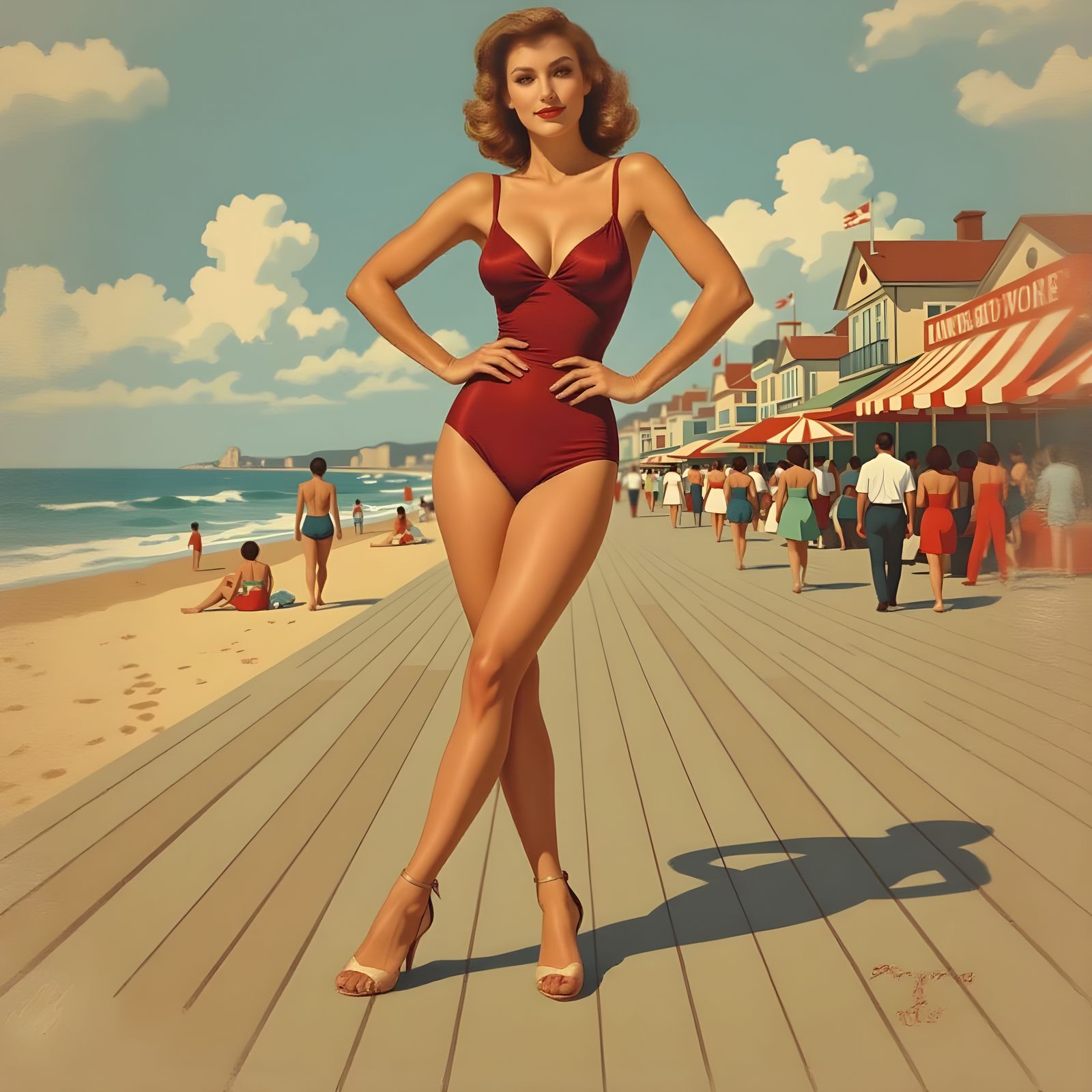 Pin-Up Woman on Boardwalk in Picasso Klimt Renoir Style
