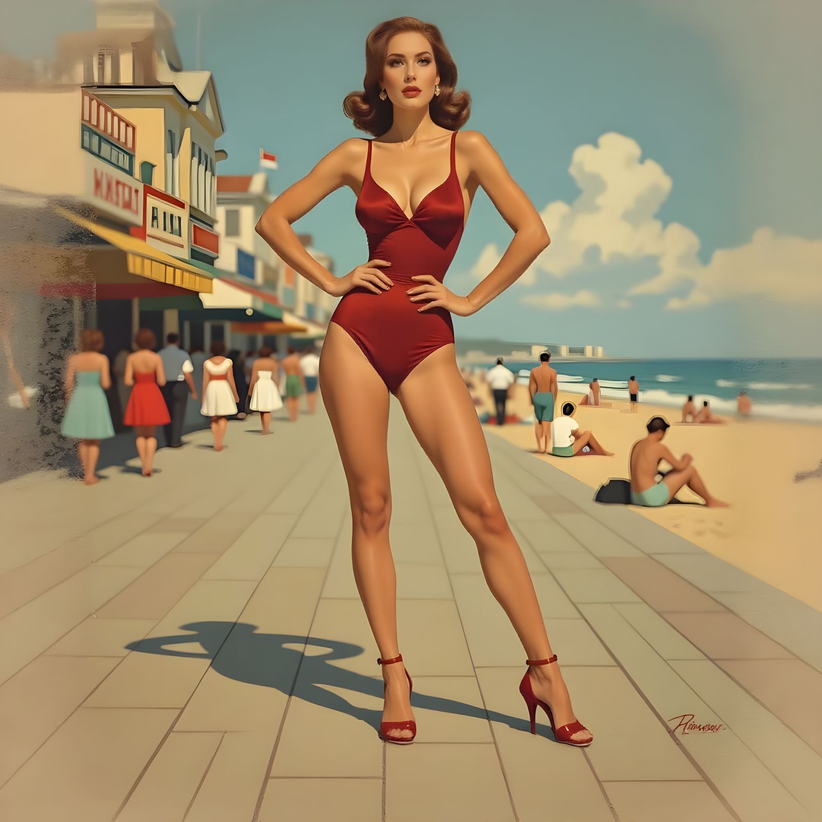 Pin-Up Woman on Boardwalk in Picasso-Klimt-Renoir Style