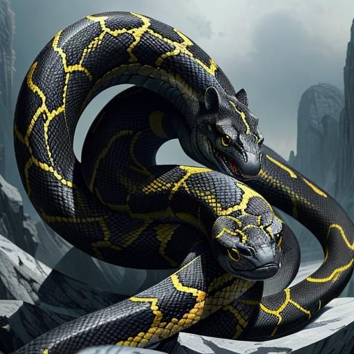 Intricate Black and Yellow Snake on Marble