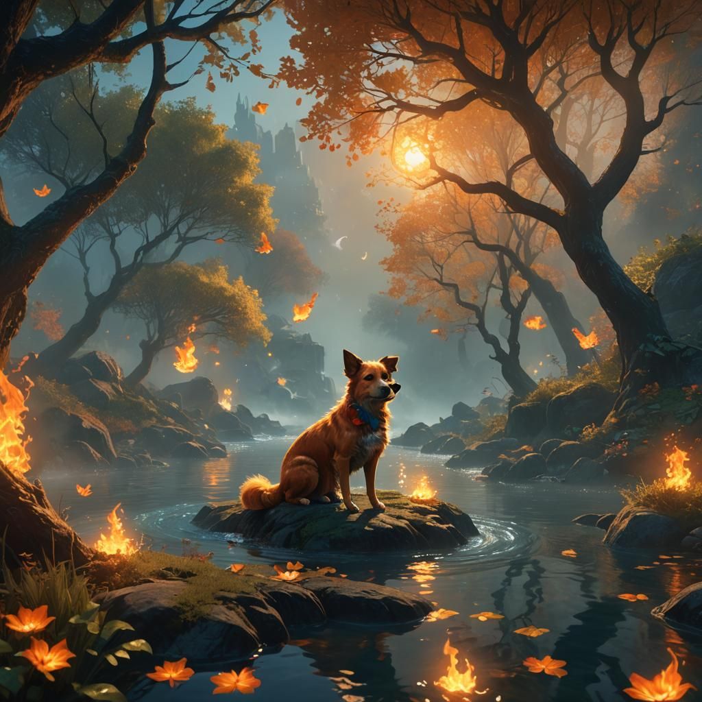 Magical Elemental Dog in Misty Landscape