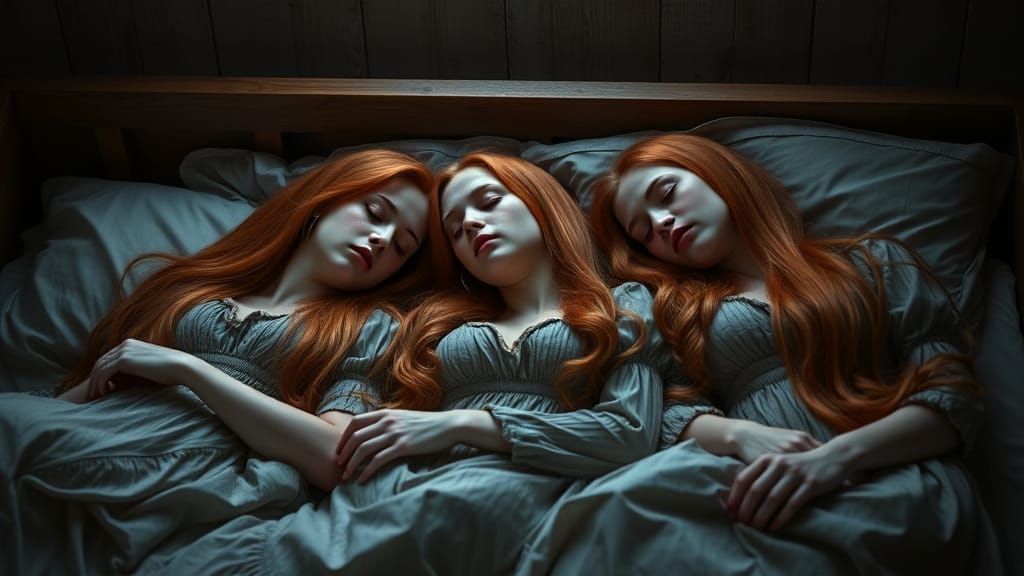 Three Sisters in Slumber, Captured in Soft Moonlit Radiance