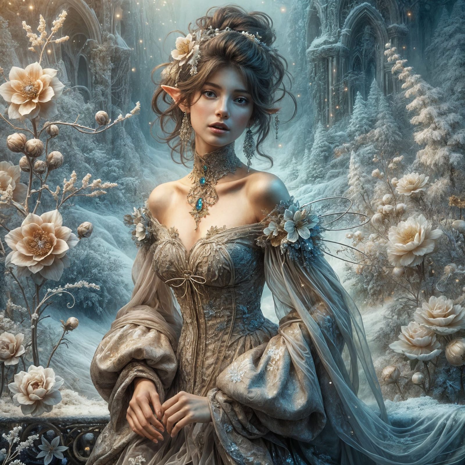 Enchanted Pixie in Art Nouveau Winter Wonderland