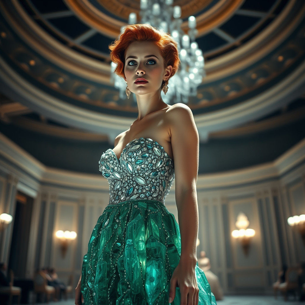 Crystalline Dress in Ballroom, Hyper-Realistic Style