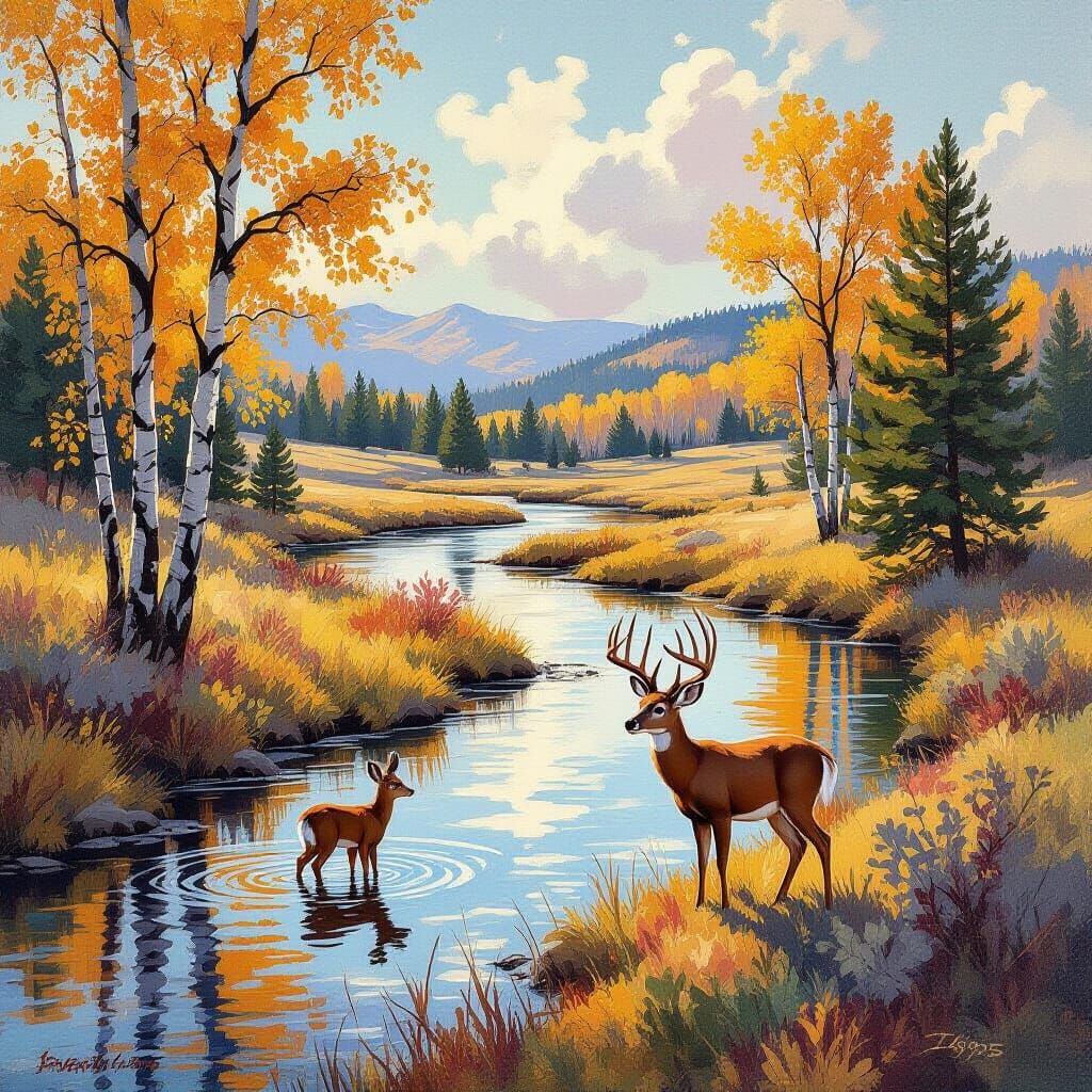 Whitetail Deer in 1895 Montana Valley, Impressionist Masterp...