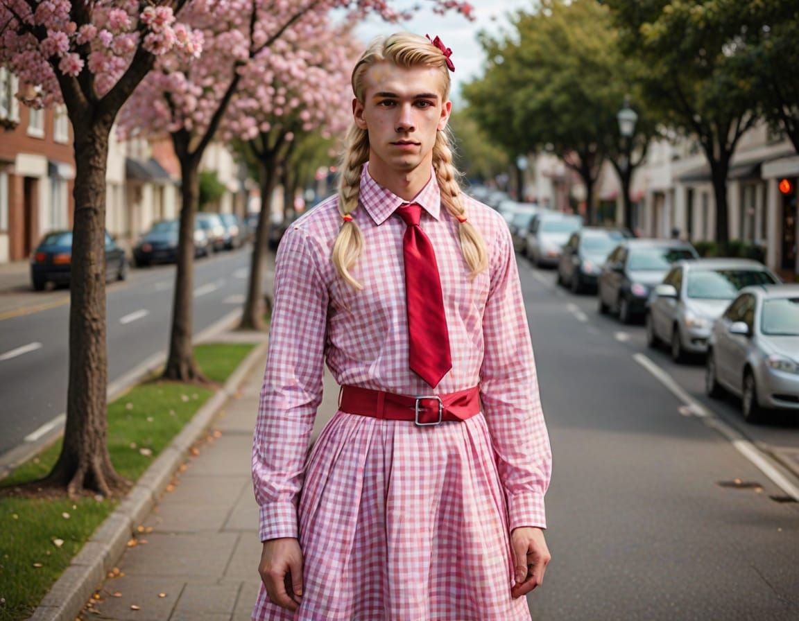 Elegant Young Man in Gingham Dress