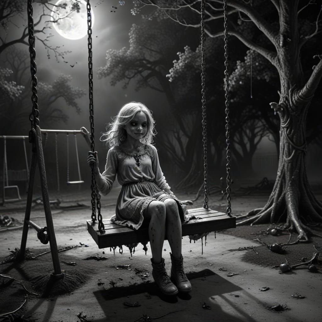 Ethereal Gothic Girl on Swing Amidst Dark Playground Shadows