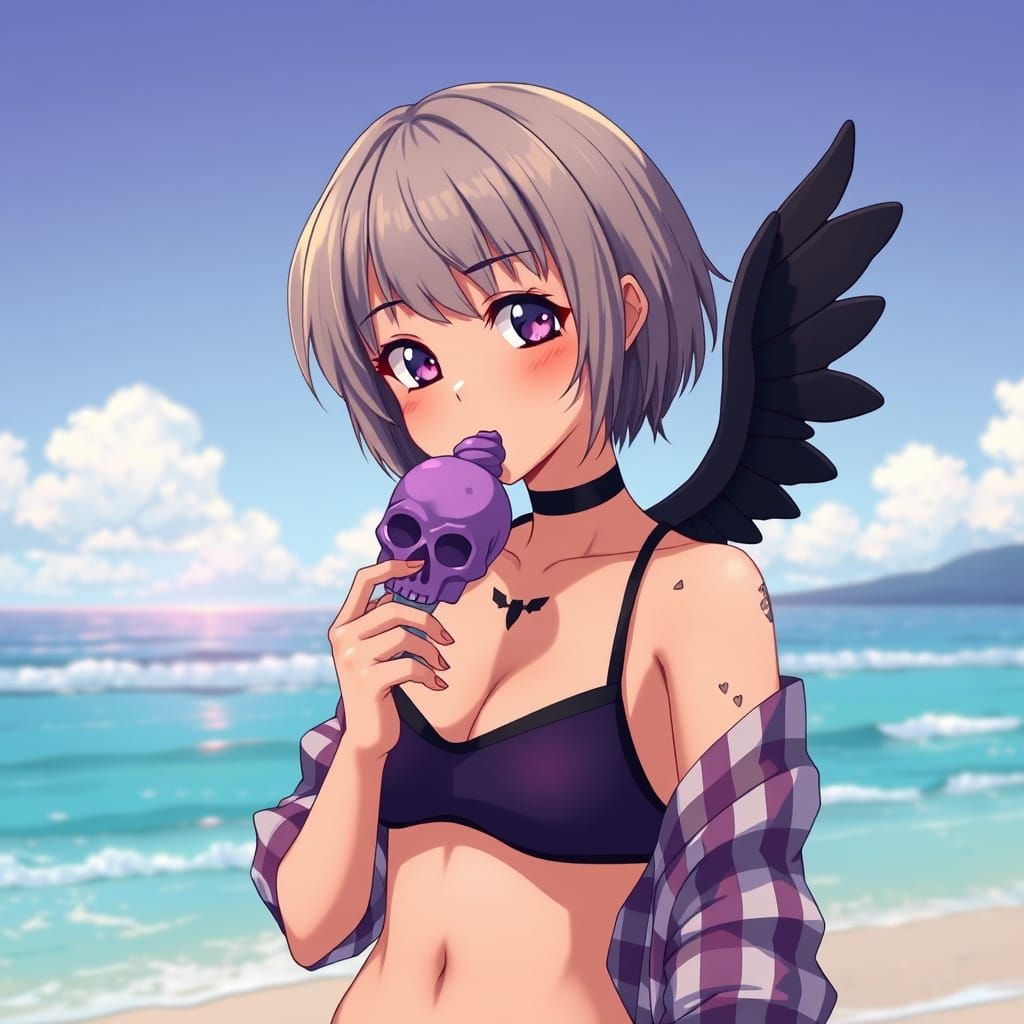 Emo Girl in Vibrant Beach Scene, Anime Style