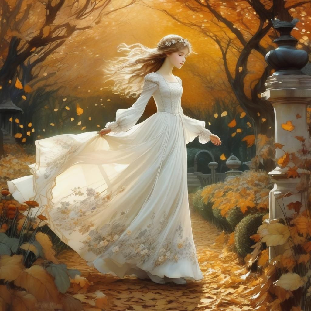 Fairytale Girl Dancing in Autumn Garden