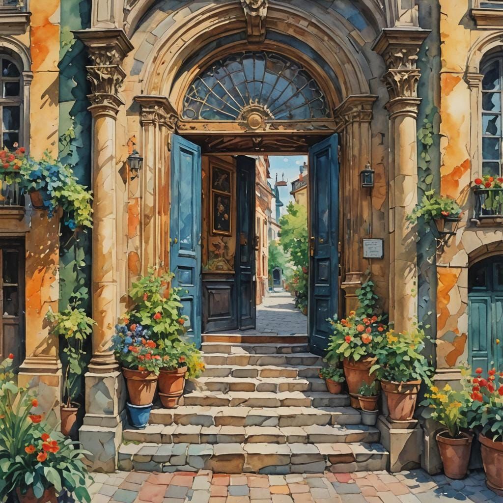 Open Door in Gouache Watercolor Style