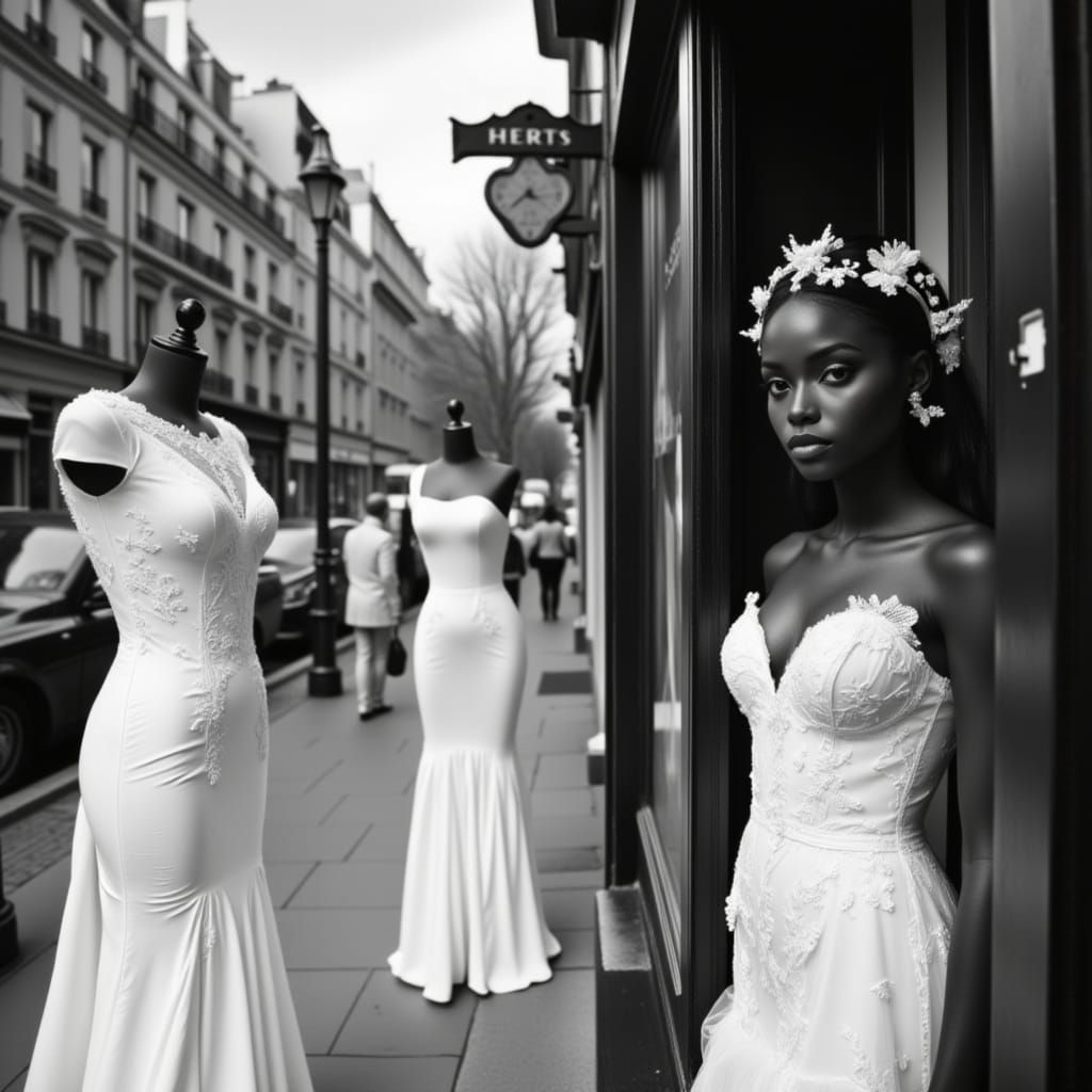 Elegant Black Woman in Monochromatic Parisian Portrait
