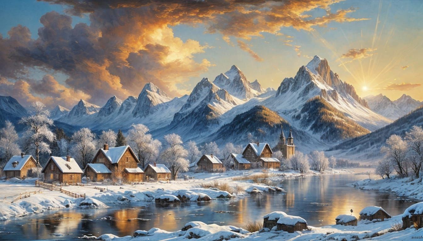 Winter Village Beside a Frozen Lake in a Mountainous Landsca...