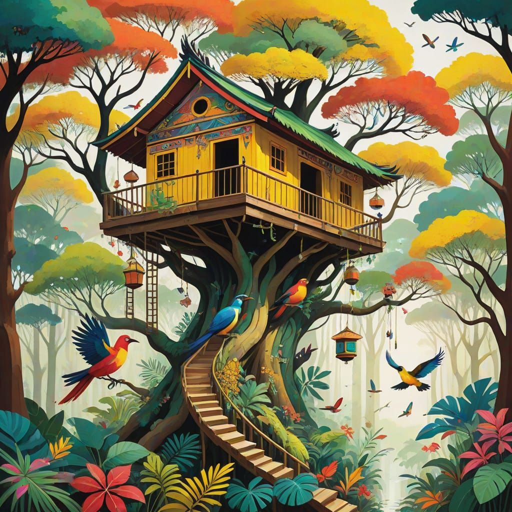 Whimsical Tropical Forest Scene in Folk Art Style