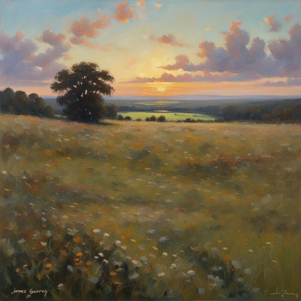 English Meadow at Dusk: An Oil Painting