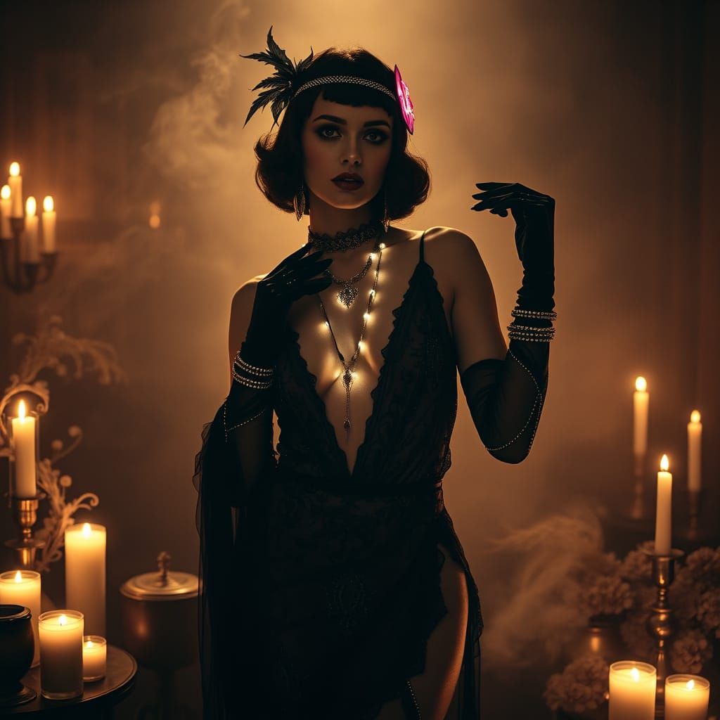 Vintage Goth Goddess in Neon Accents and Candles