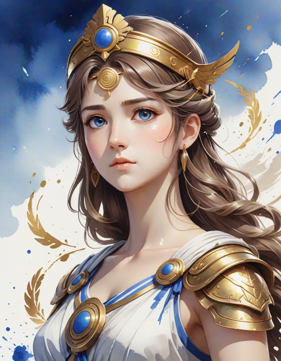 Athena Goddess of Wisdom in Anime Watercolor Style