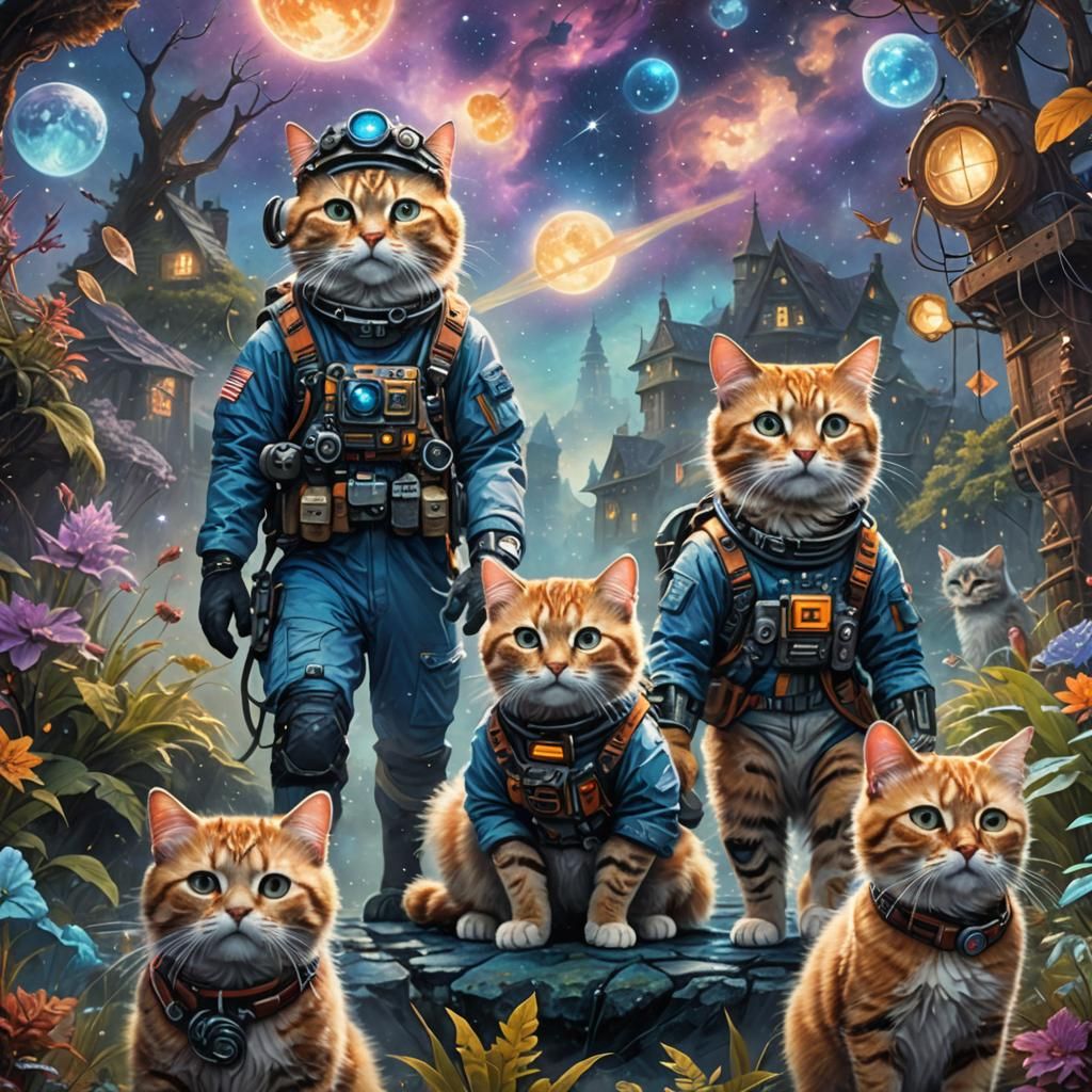 Cats Explore in Holographic Astral Illustration