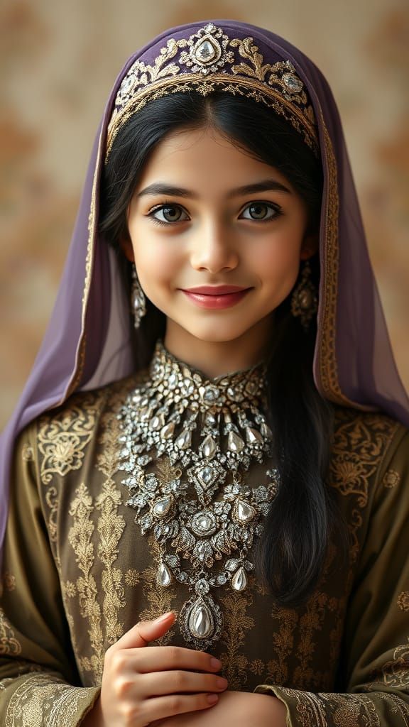 Young Girl in Opulent Traditional Eid Outfit with Crystal Em...