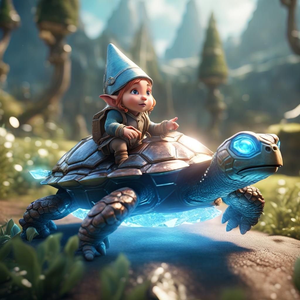 Gnome Child Rides Giant Turtle on Faerie Highway