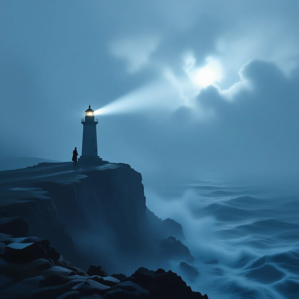 Lighthouse Keeper in Fog: Dramatic Chiaroscuro Style