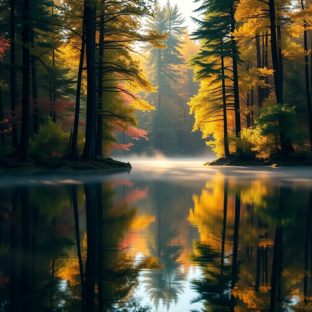 Serene Lake Reflecting Forest Hues in Golden Light