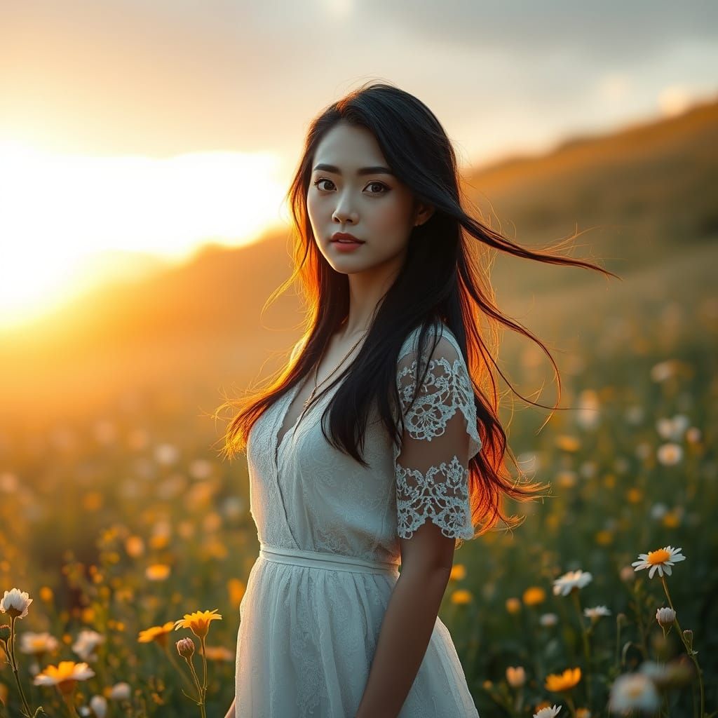 Japanese Woman in Wildflower Field at Dawn
