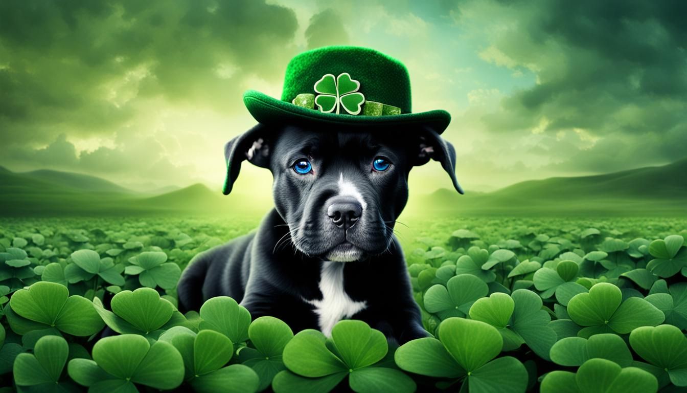 Pitbull Puppy in Shamrock Field Wearing Green Hat