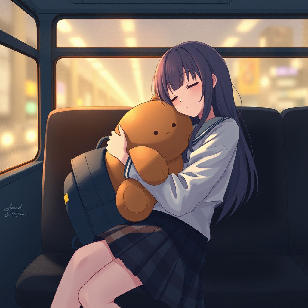 Anime Girl Slumbers on Bus with Plushie