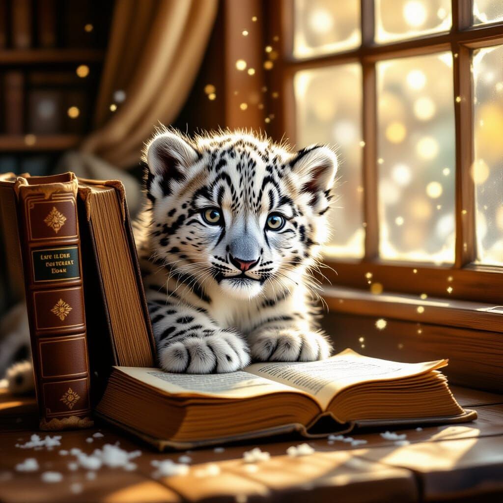 Snow Leopard Cub Peeks From Ancient Book in Golden Light