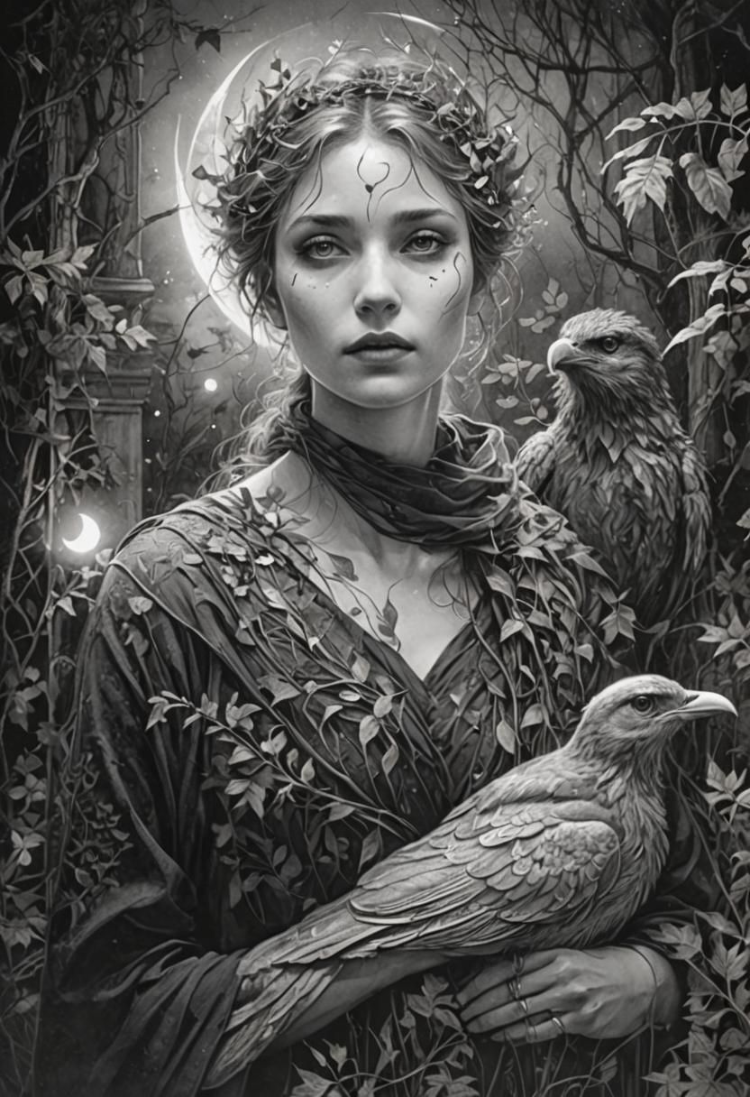 Woman and Crescent Moon in Whimsical Fantasy Style