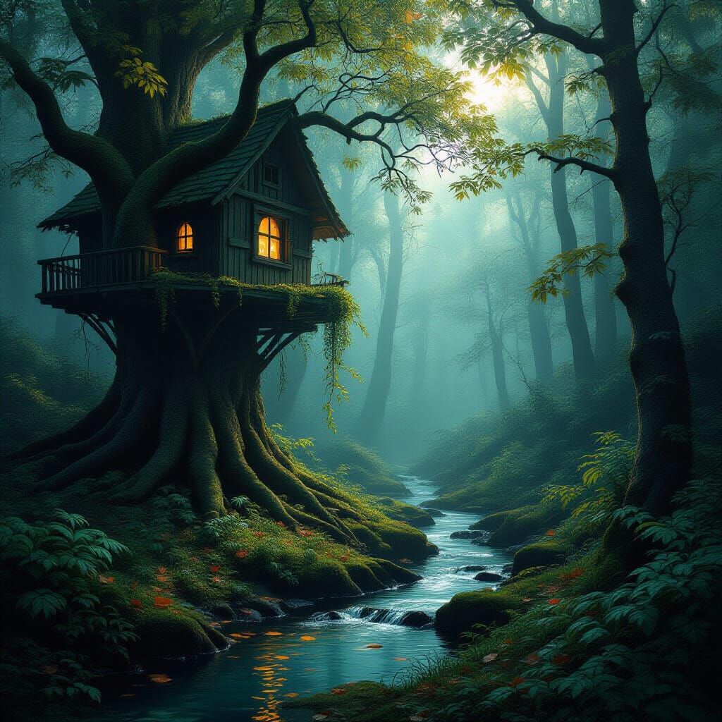 Overgrown Treehouse in Misty Forest Digital Painting