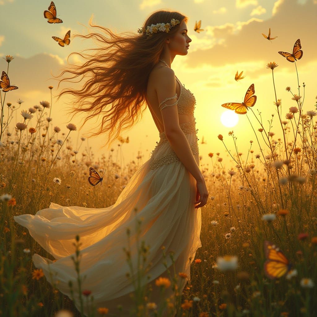 Floral Woman in Field, Art Nouveau Style