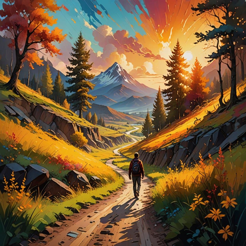 Vibrant Oil Painting of Person on Path