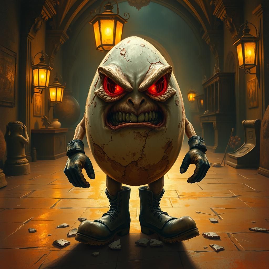 Angry Egg in Museum, Surrealist Oil Painting