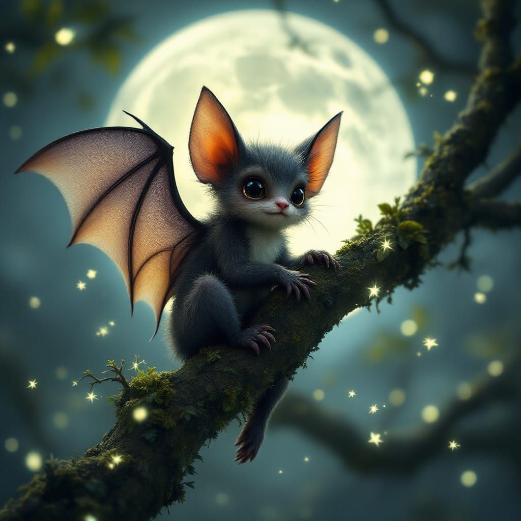 Fuzzy Bat Fairy Under Full Moon Hyper Real