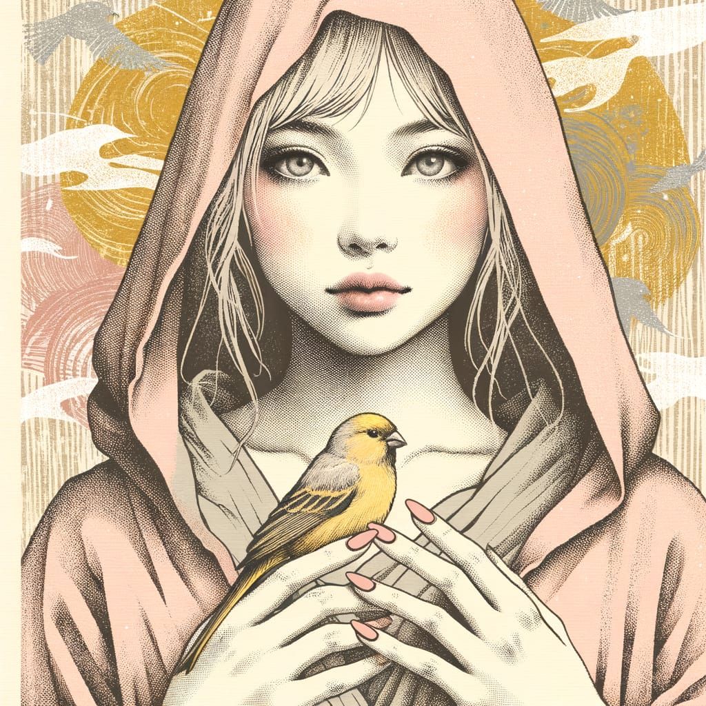 Japanese Woodblock Print of Woman with Canary