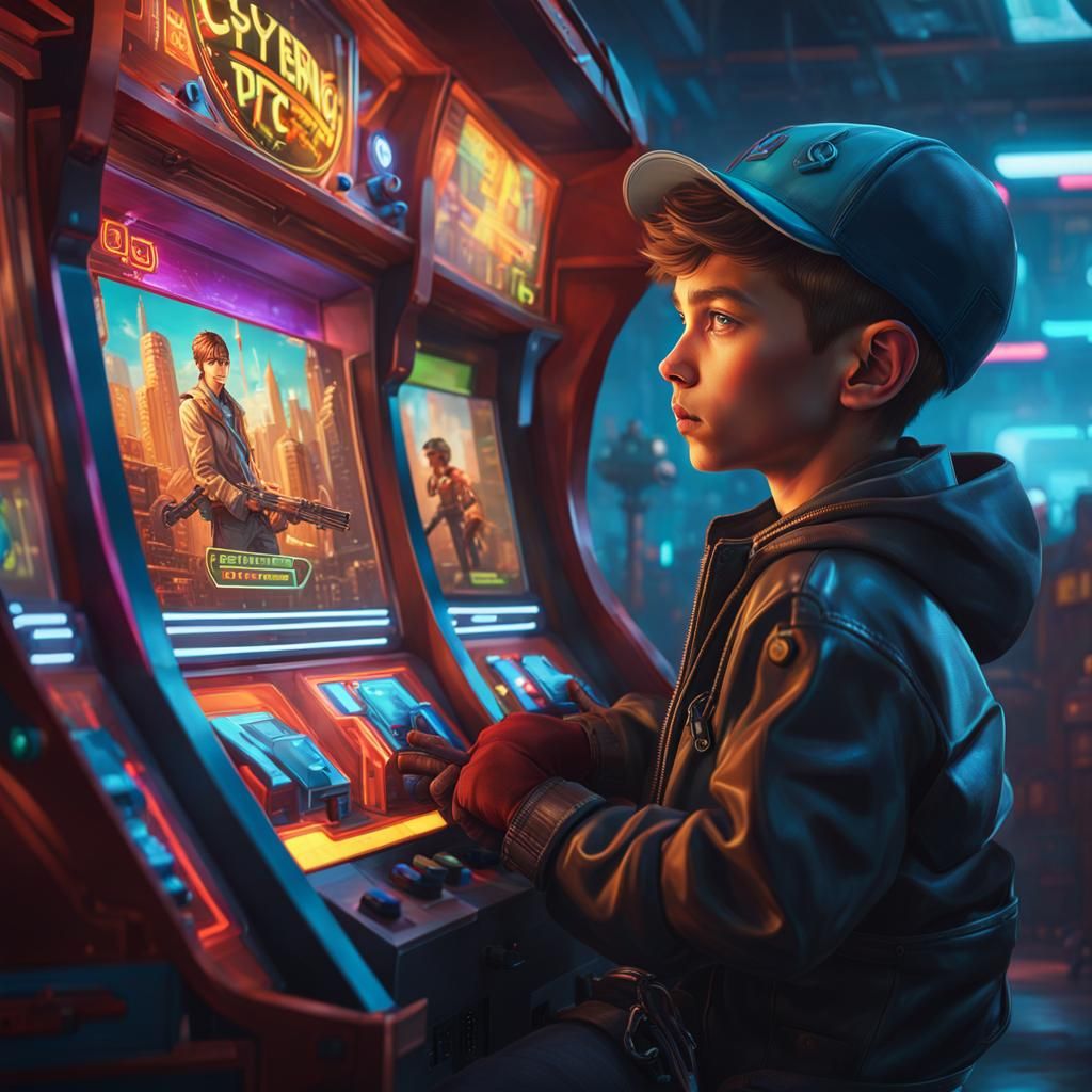 Boy in Cyberpunk Arcade: Hyperdetailed Digital Portrait