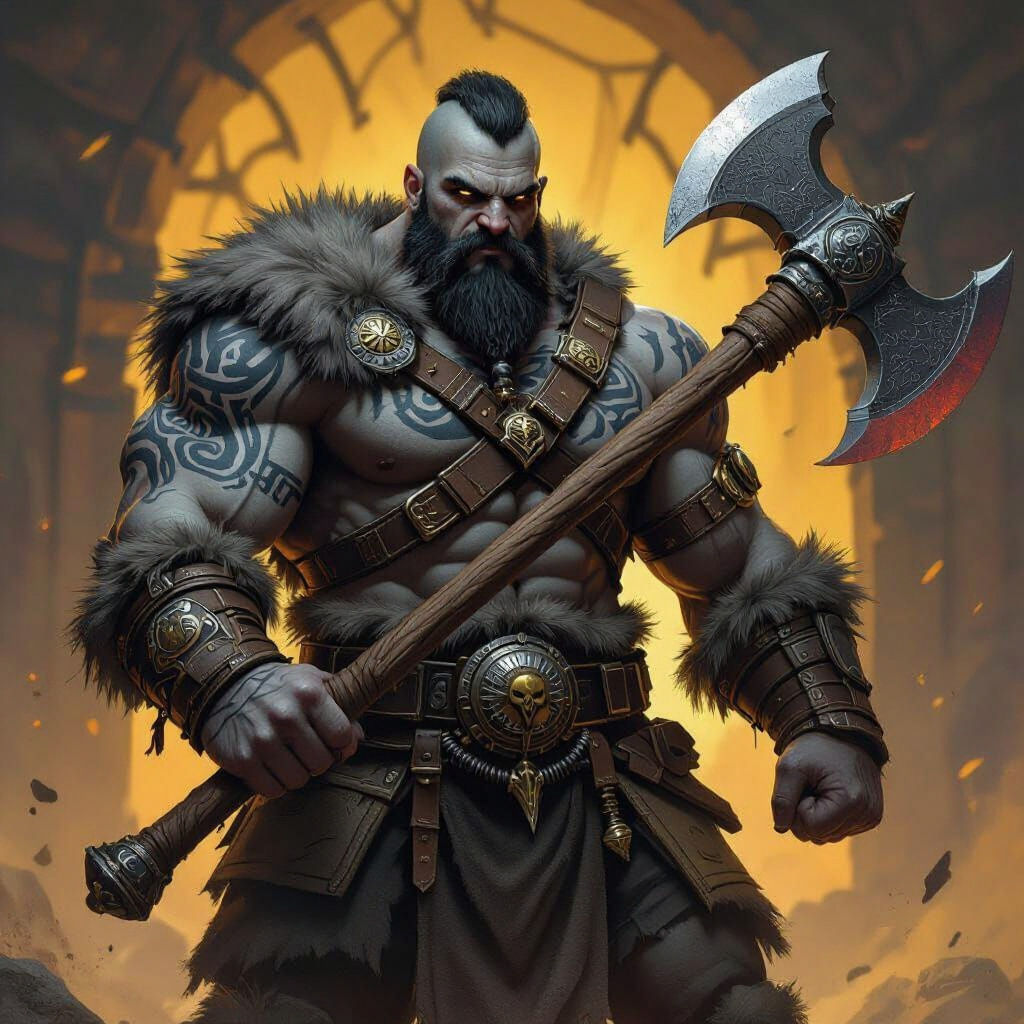 Fierce Gray-Skinned Barbarian Warrior with Axe