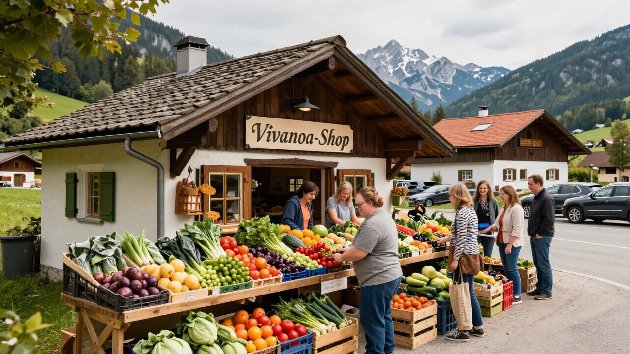 Charming Bavarian Farm Shop with Bustling Vegetable Stand