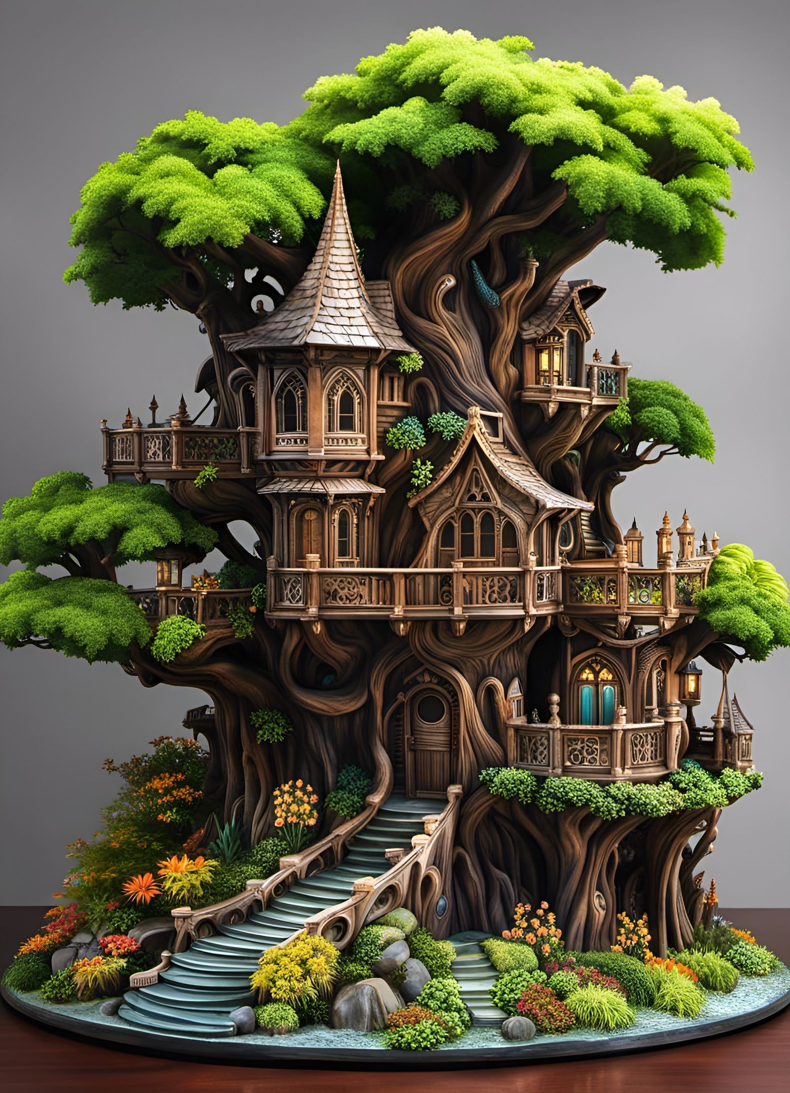 Bioluminescent Gothic Treehouse Palace at Night in 3D