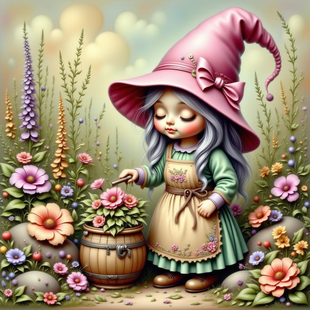 Whimsical Scandinavian Gnome Tending a Vibrant Garden