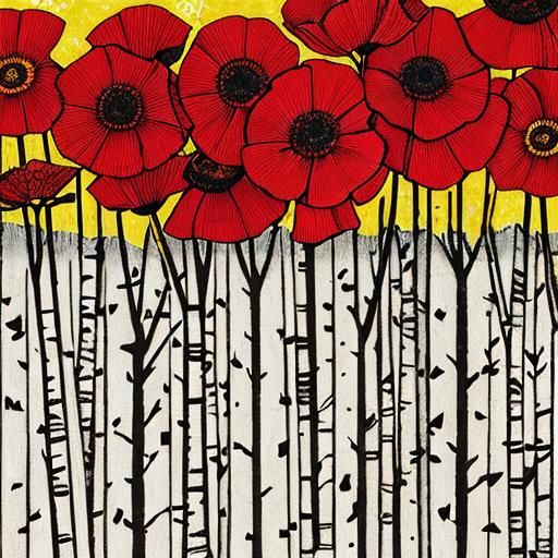 Surreal Poppy and Birch Wood Woodblock Print