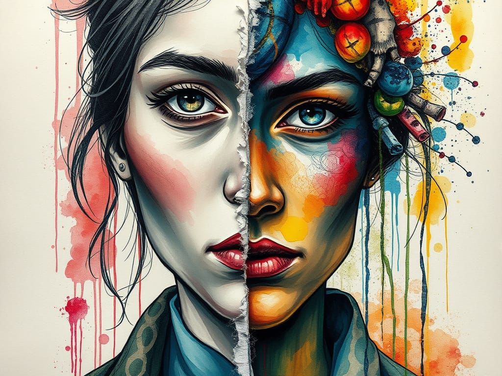 Surreal Portrait with Split Face in Watercolor Grunge Style