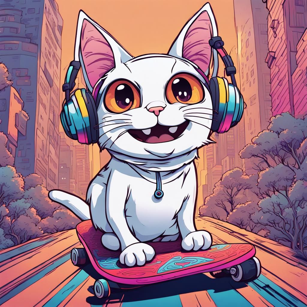 Ghibli Style Cat Skateboarder with Headphones