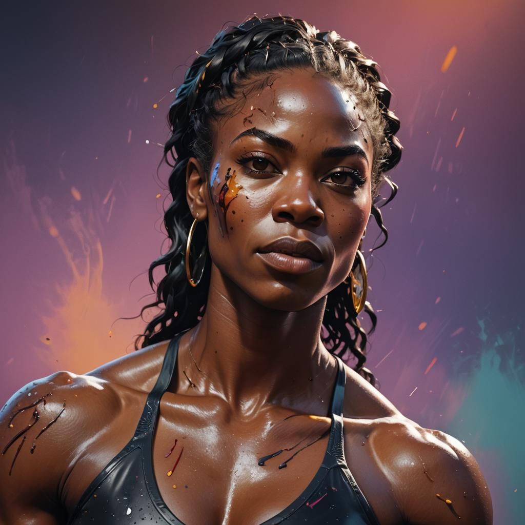 Glamorous Muscular Woman in Hyperrealistic Splash Art