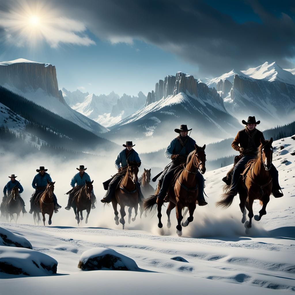 Outlaws Ride Through Snowy Mountains: Western Scene