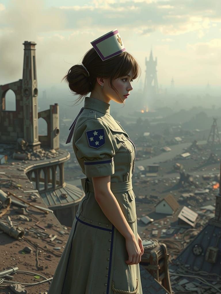 WWI Nurse in War-Torn Landscape: Anime Art